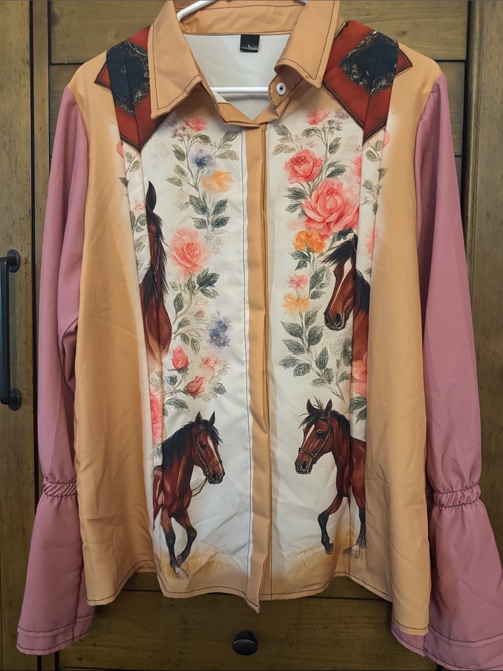 Floral & Horse Print Button-Up Blouse in Peach and Pink